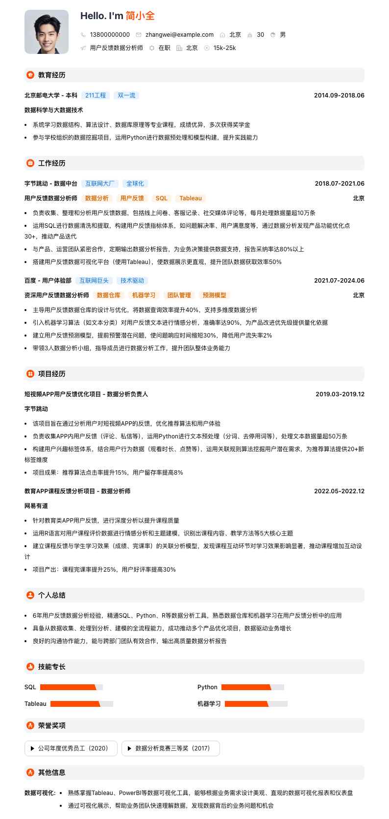 用户反馈数据分析师简历模板