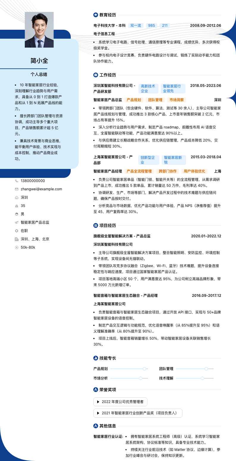 智能家居产品总监简历模板