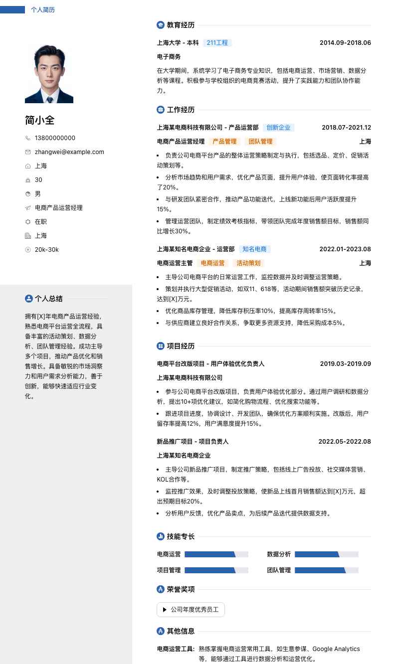电商产品运营经理简历模板