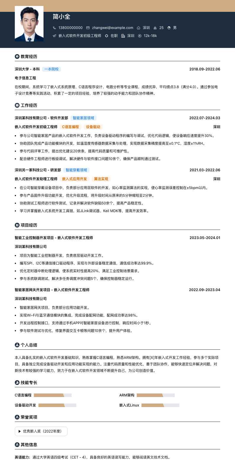 嵌入式软件开发初级工程师简历模板