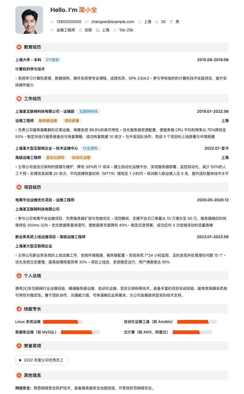 运维工程师简历模板