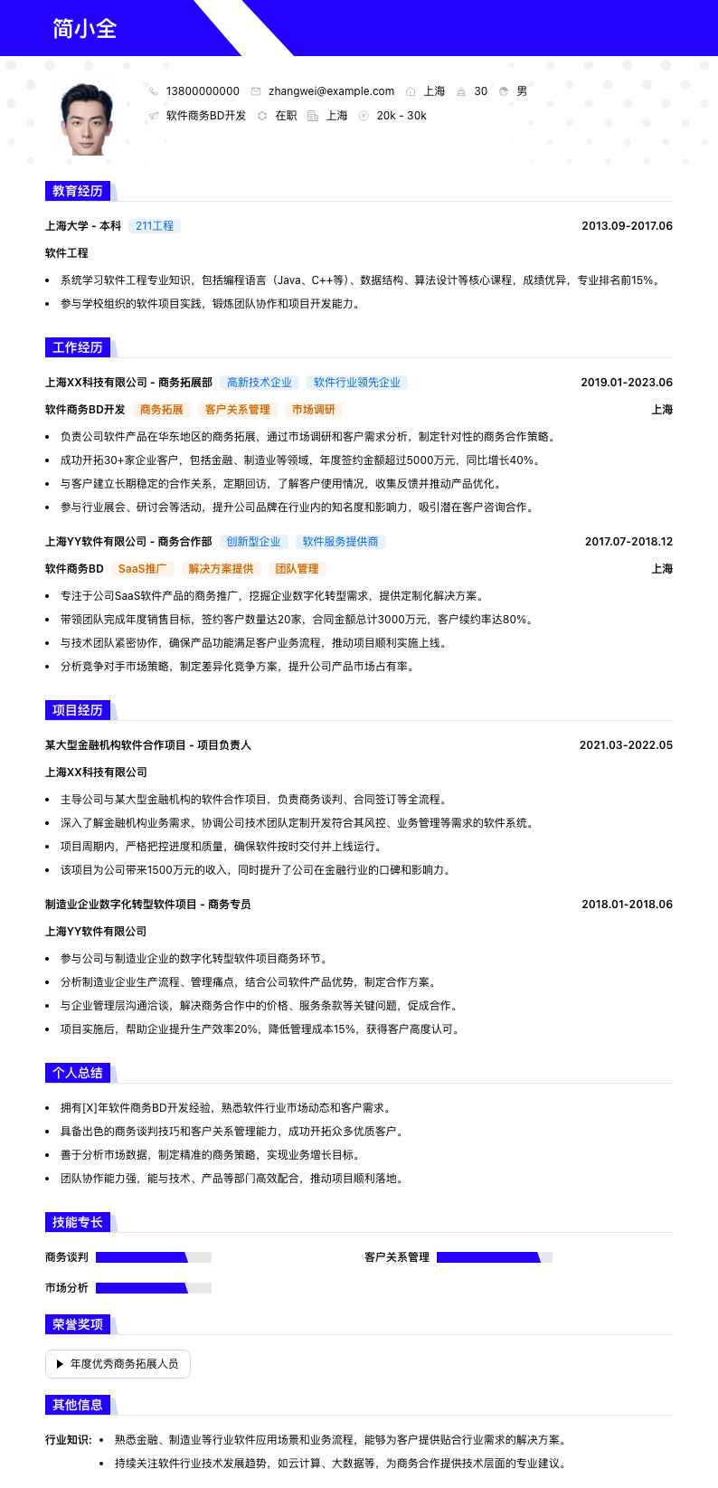 软件商务BD简历模板