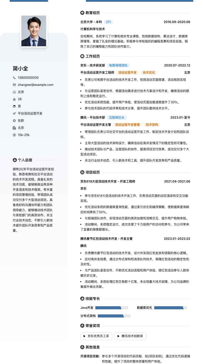 平台活动运营简历模板