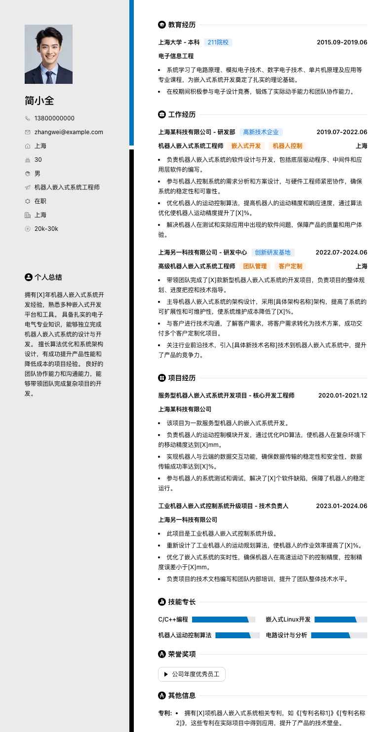 机器人嵌入式系统工程师简历模板