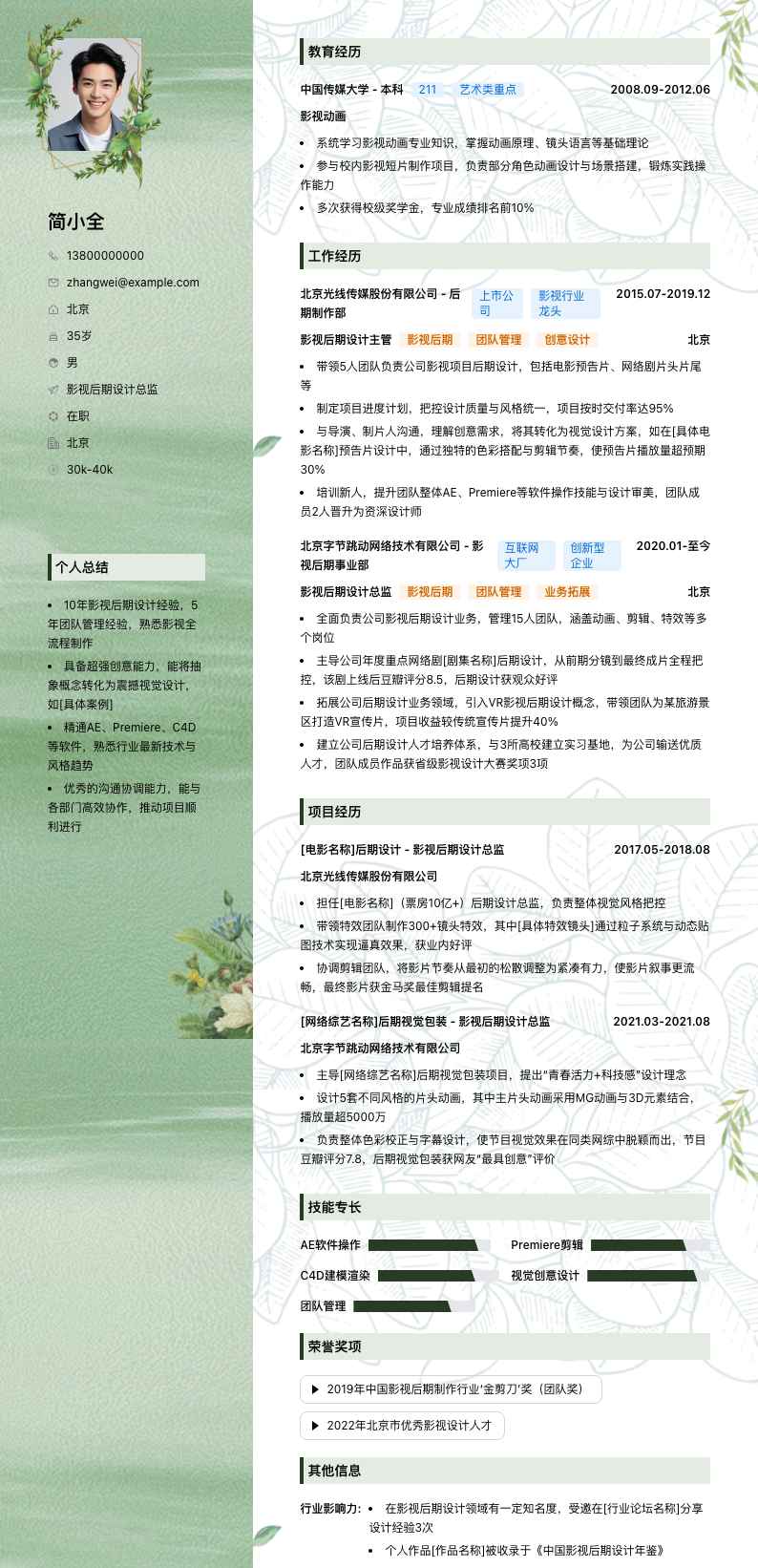 影视后期设计总监简历模板