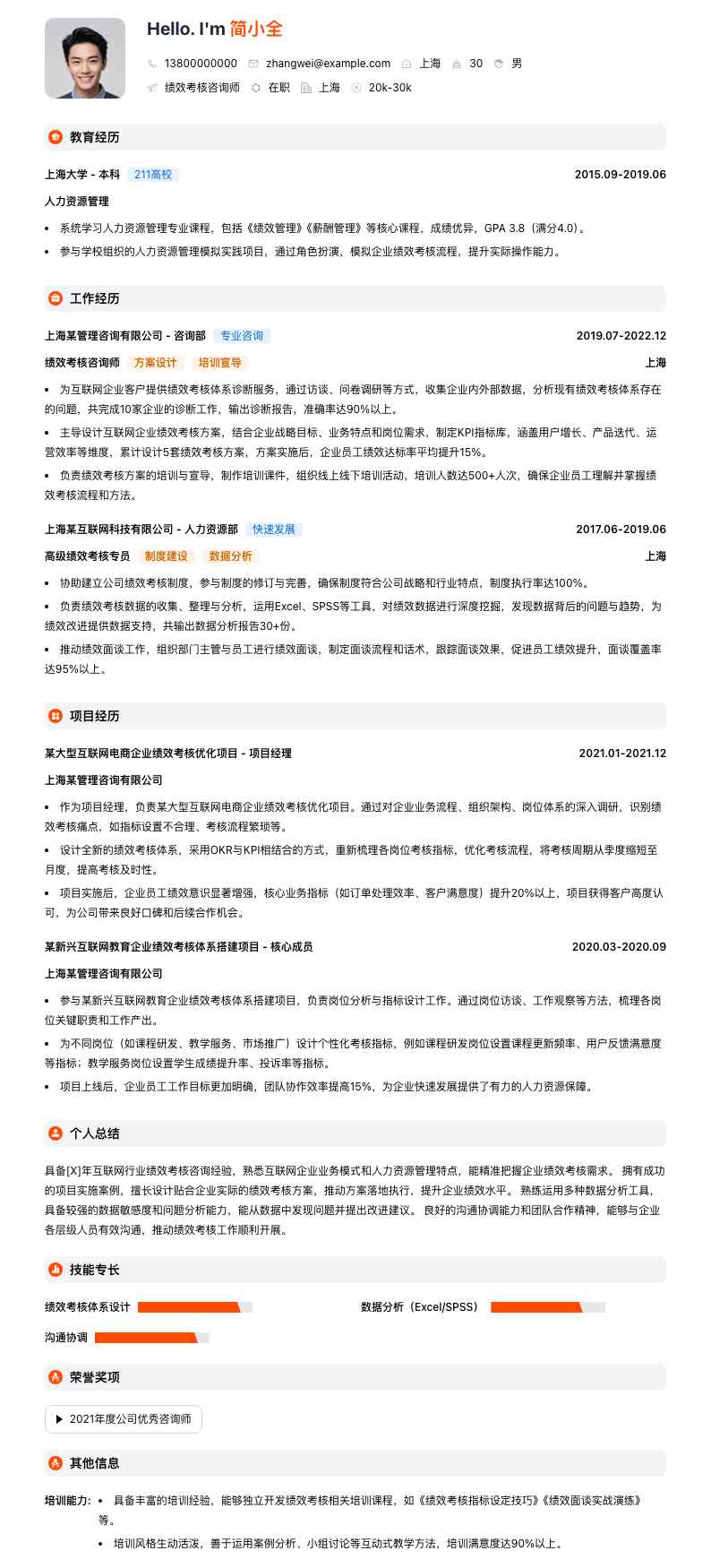 绩效考核咨询师简历模板