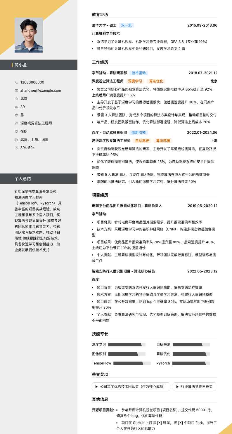 深度视觉算法工程师简历模板
