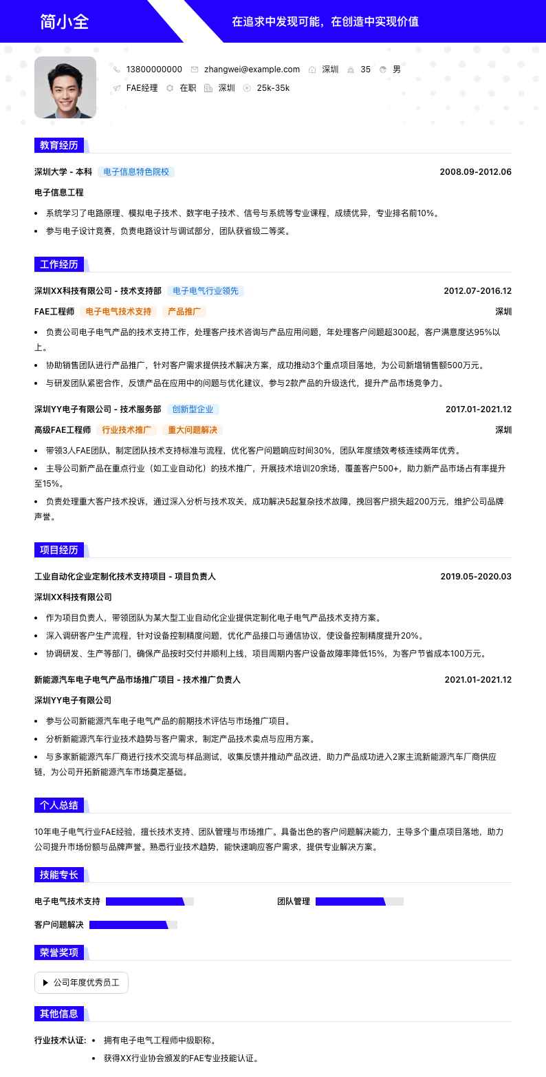 fae经理简历模板