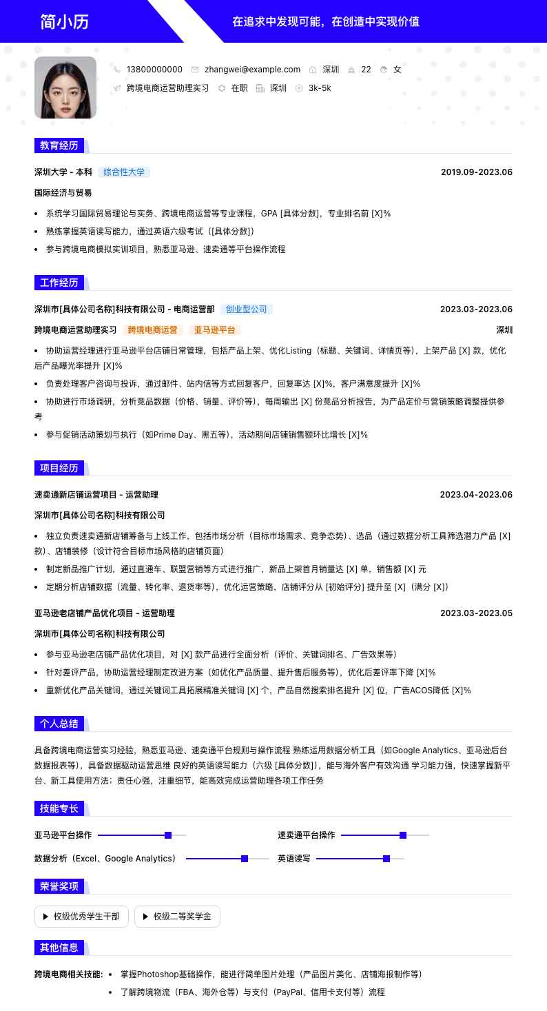 跨境电商运营助理实习简历模板