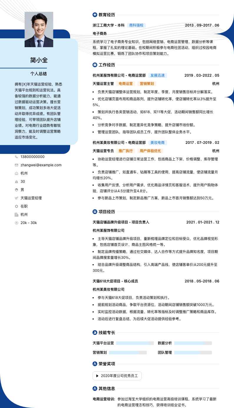 天猫运营经理简历模板