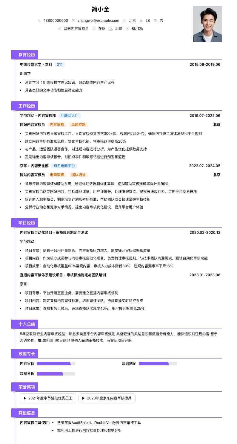 网站内容审核员简历模板