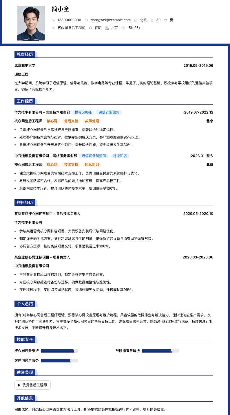 核心网售后工程师简历模板