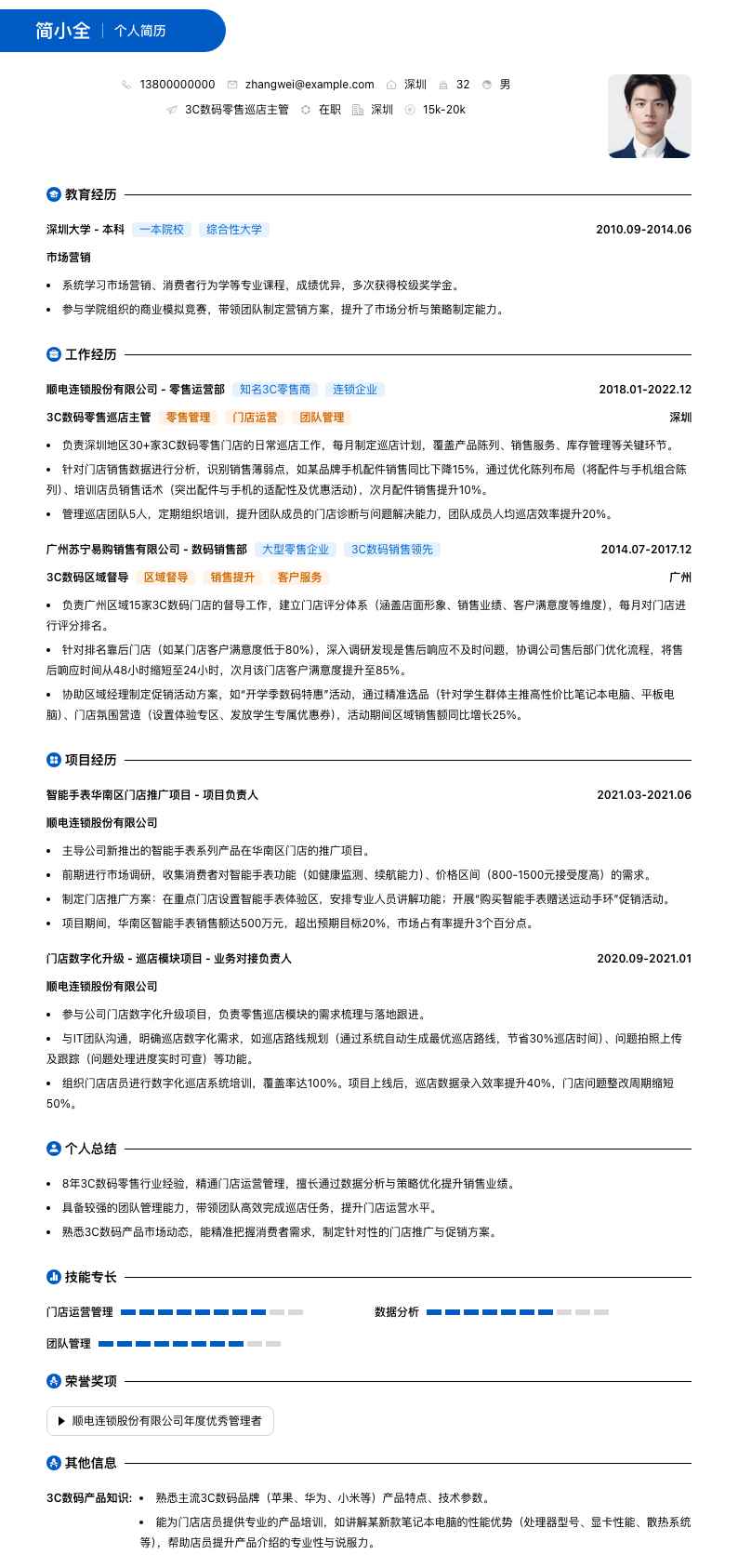 3C数码零售巡店主管简历模板