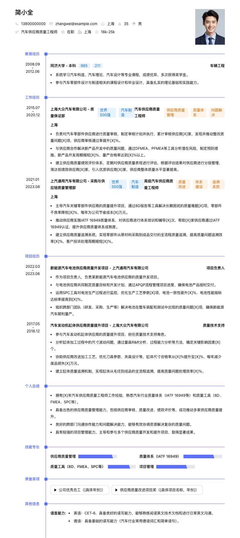 汽车供应商质量工程师简历模板