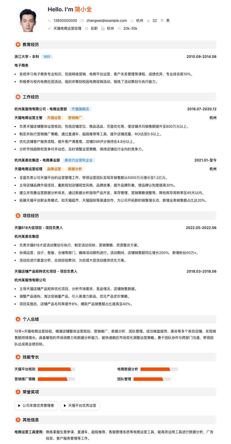 天猫电商运营经理简历模板