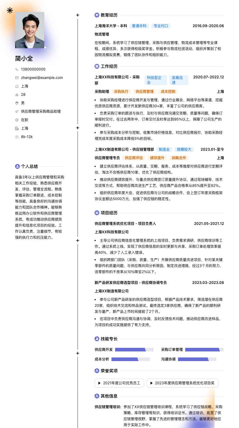 供应商管理采购商品助理简历模板