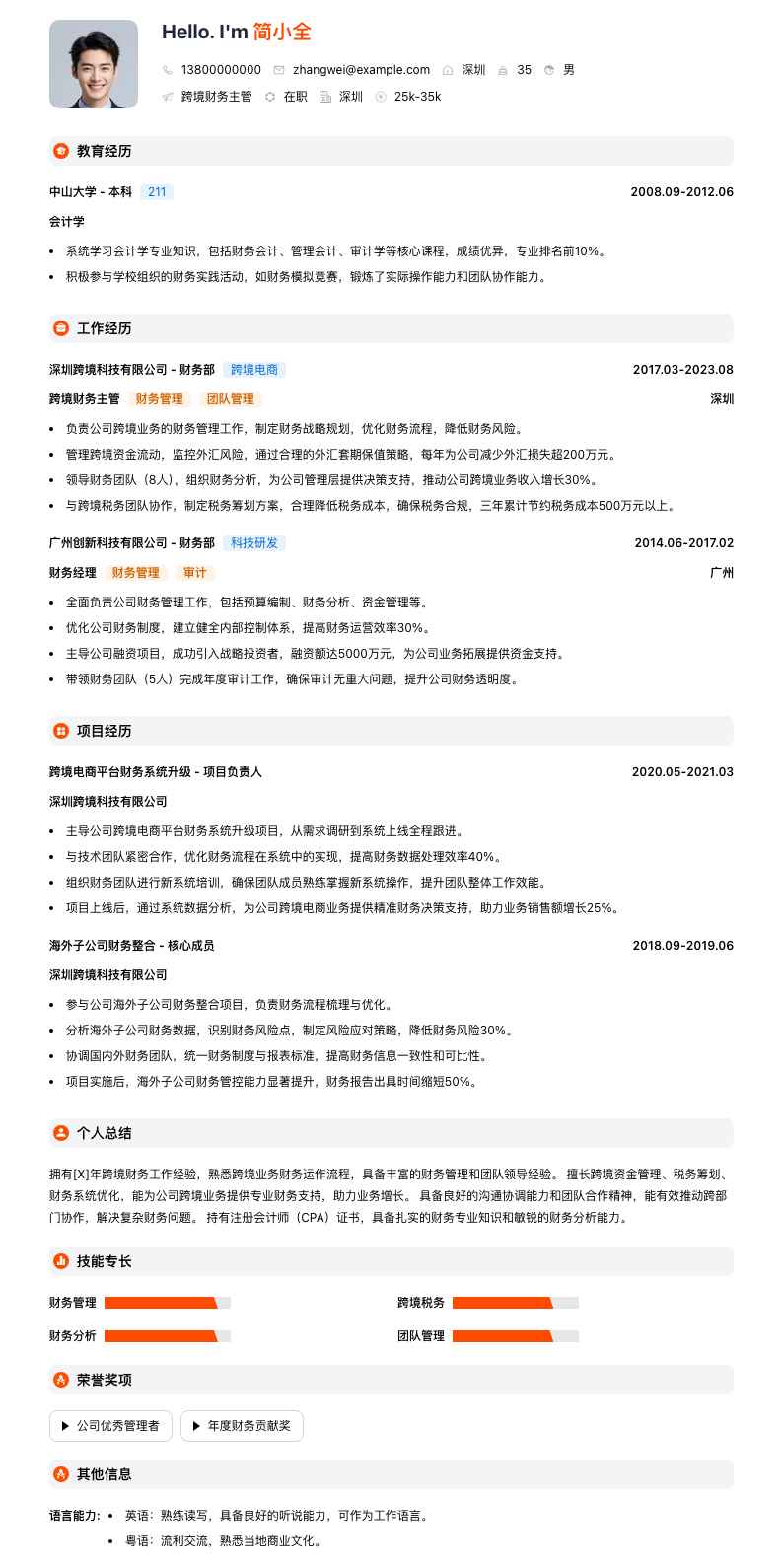 跨境财务主管简历模板