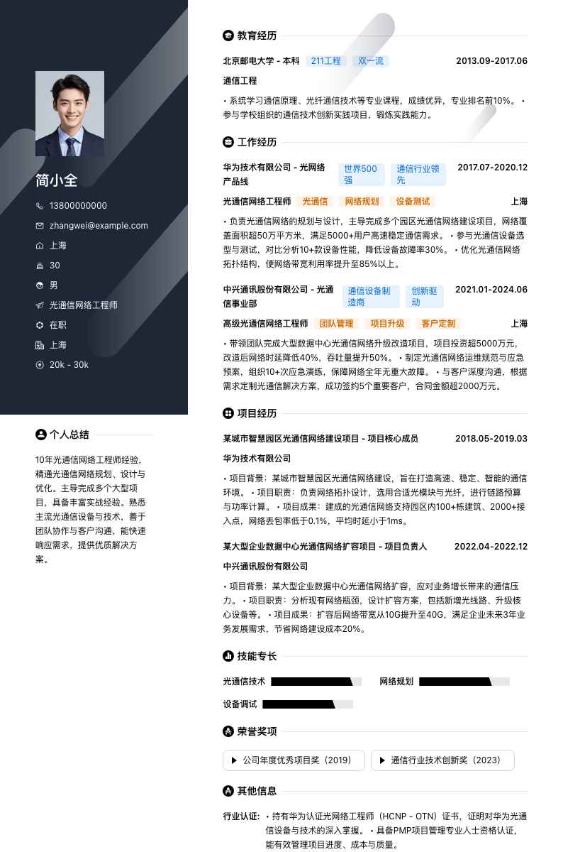 光通信网络工程师简历模板
