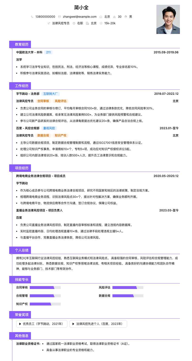 法律风控专员简历模板