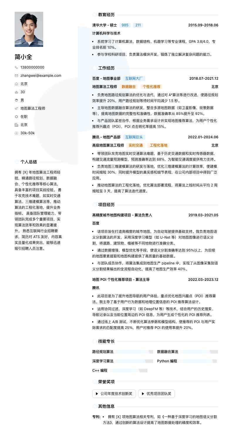 地图算法工程师简历模板