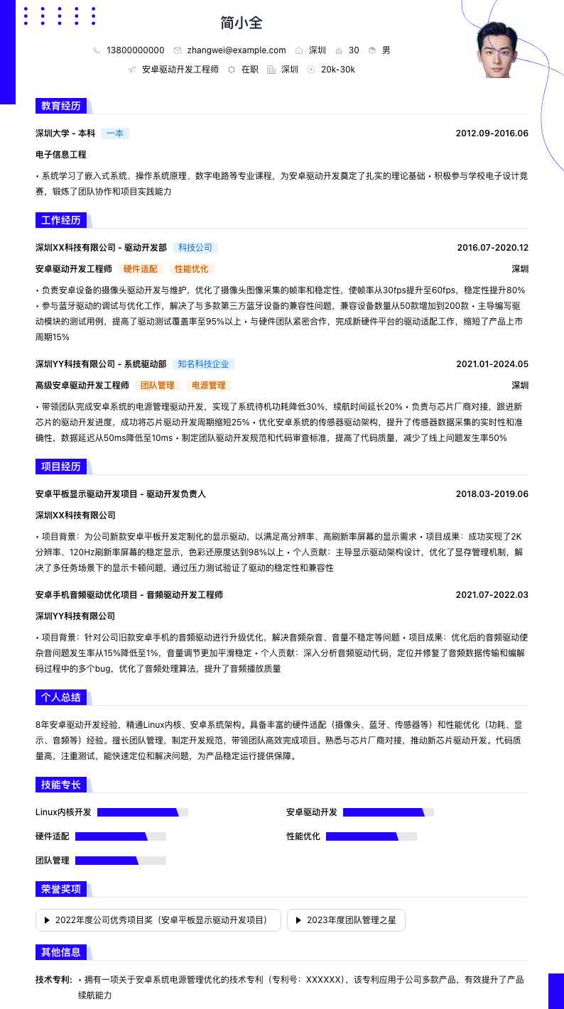 安卓驱动开发工程师简历模板