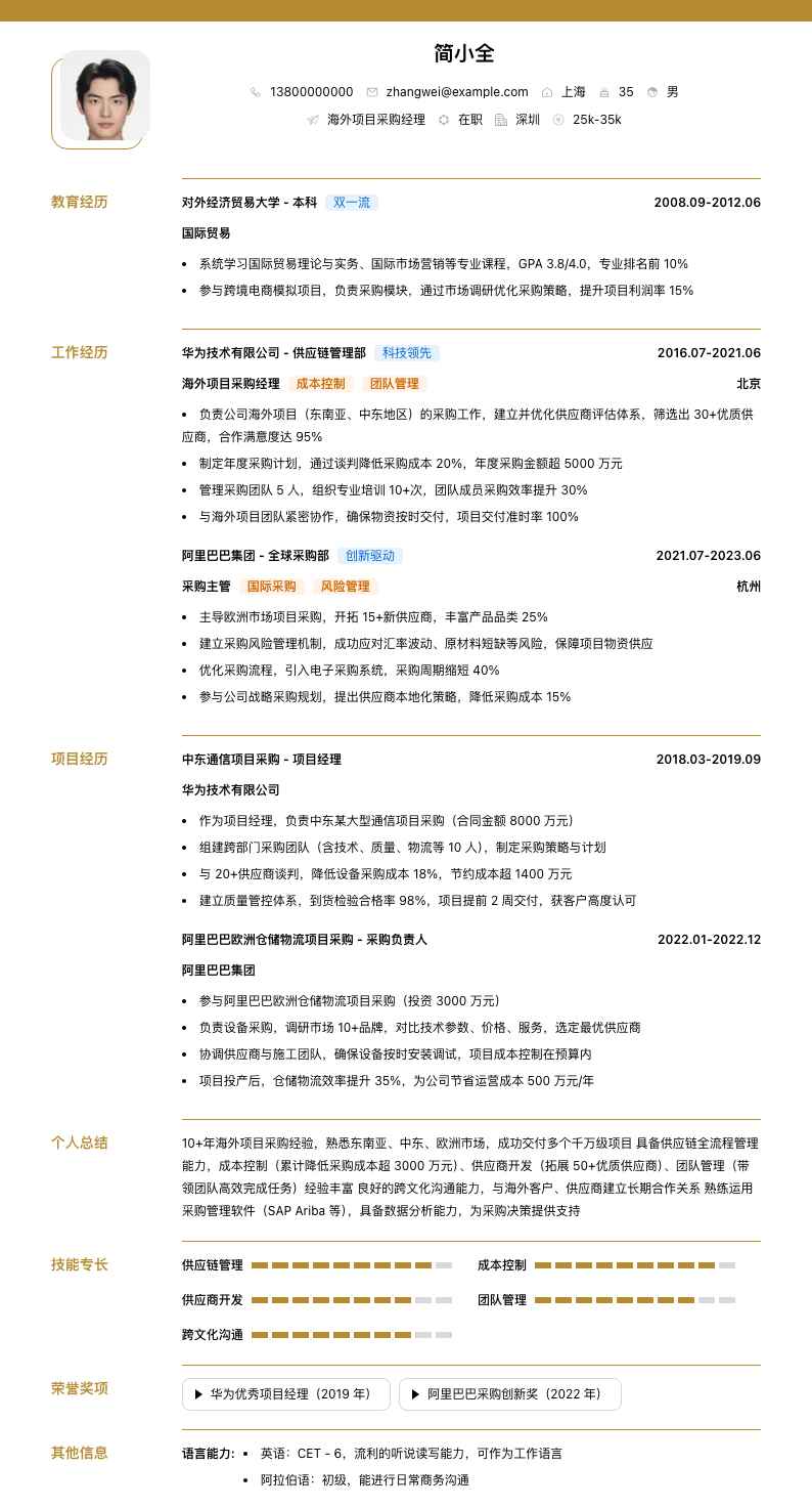 海外项目采购经理简历模板