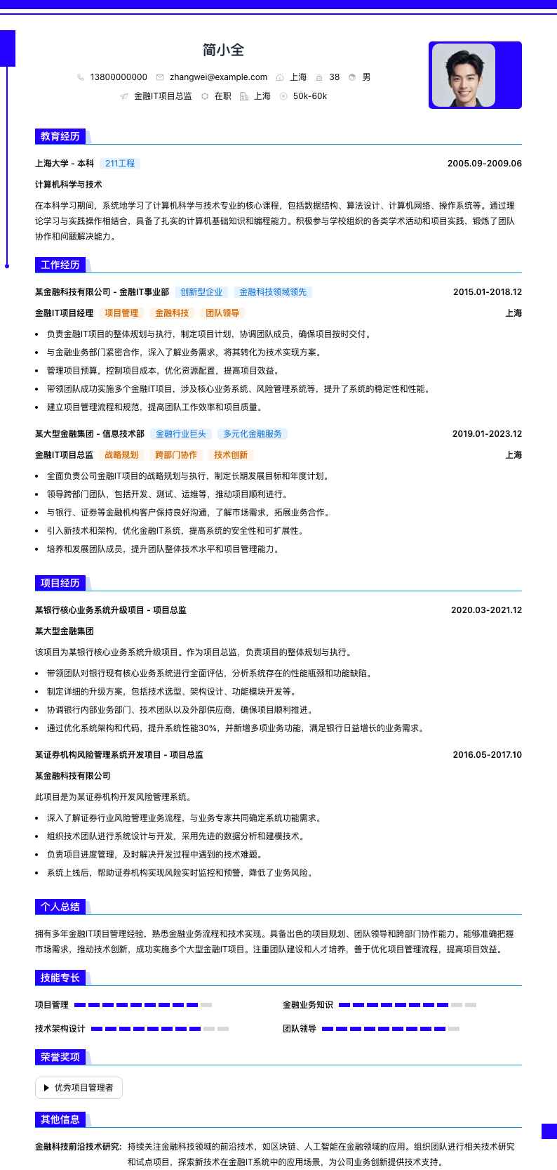 金融IT项目总监简历模板