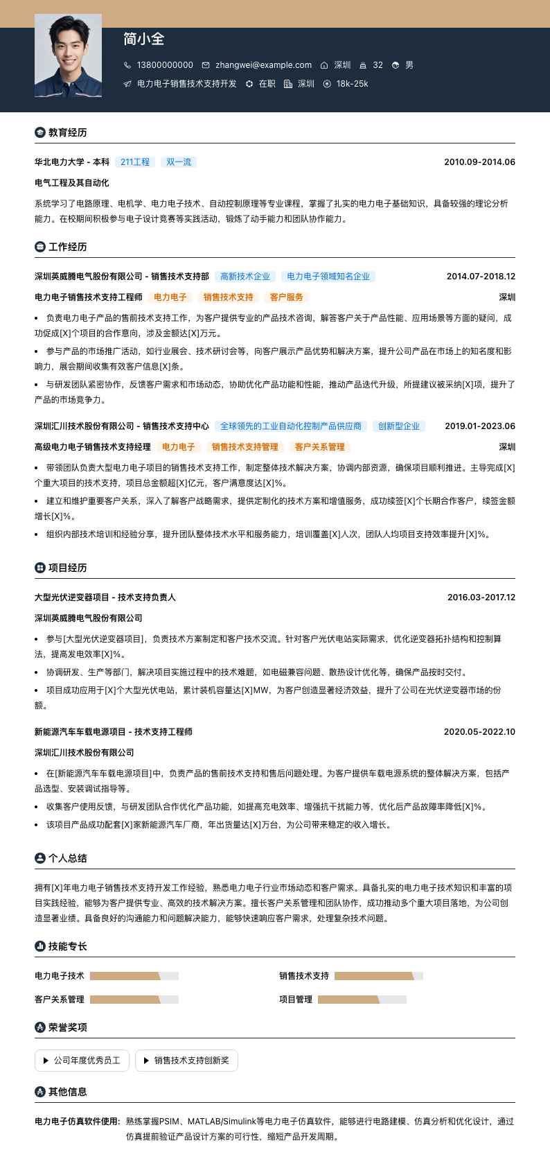 电力电子销售技术支持简历模板