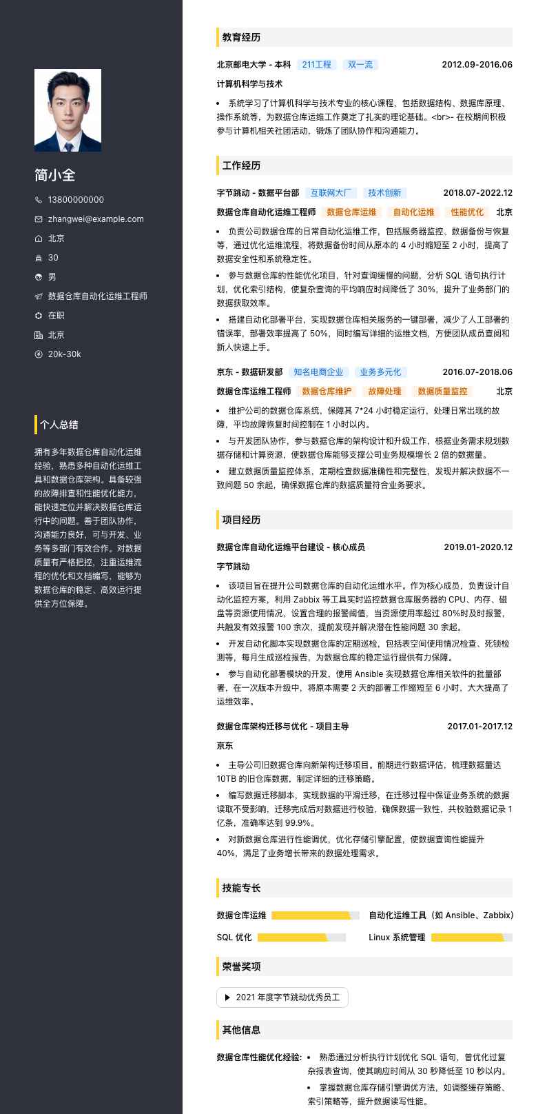 数据仓库自动化运维工程师简历模板