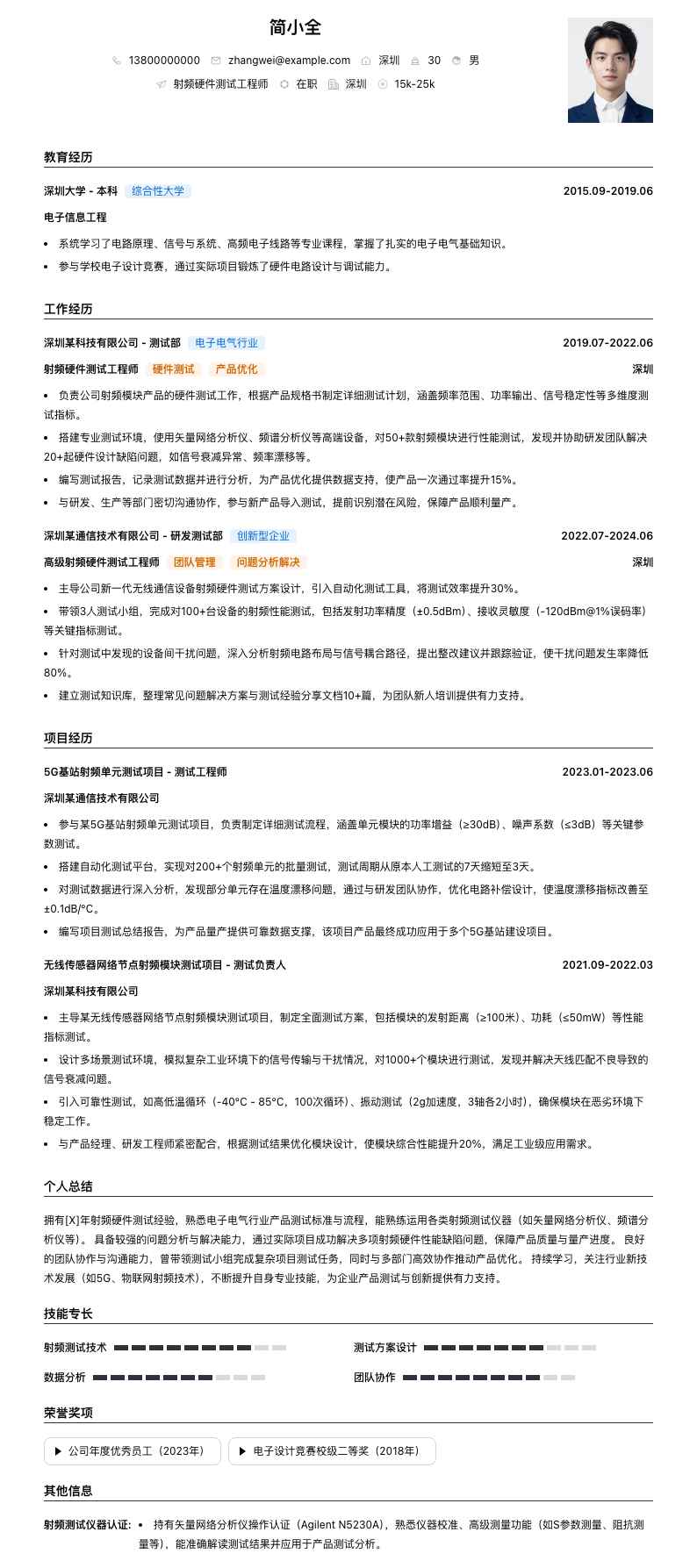 射频硬件测试工程师简历模板