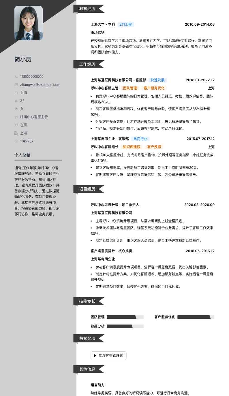 呼叫中心客服主管简历模板