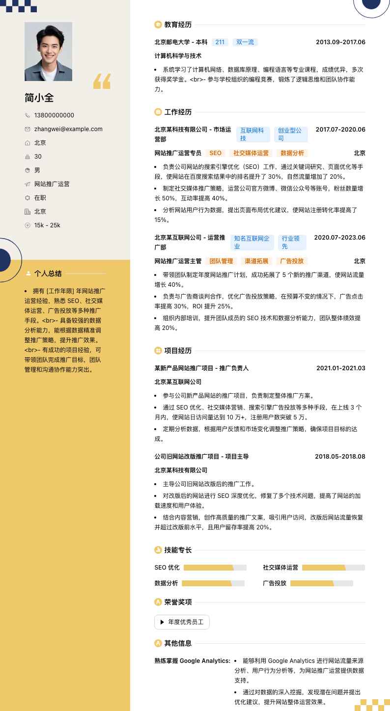 网站推广运营简历模板