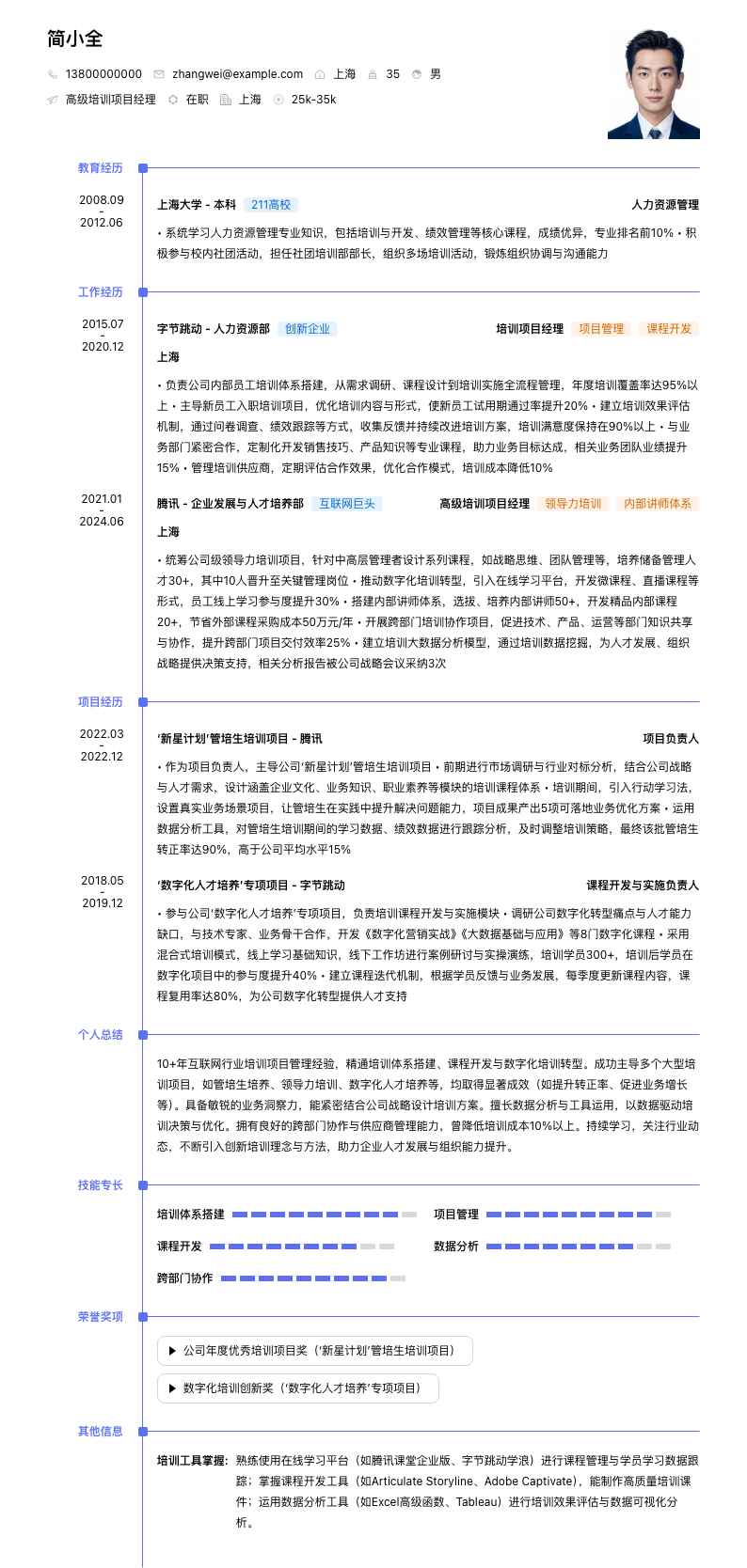 高级培训项目经理简历模板