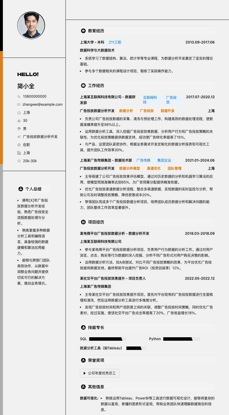 广告投放数据分析简历模板