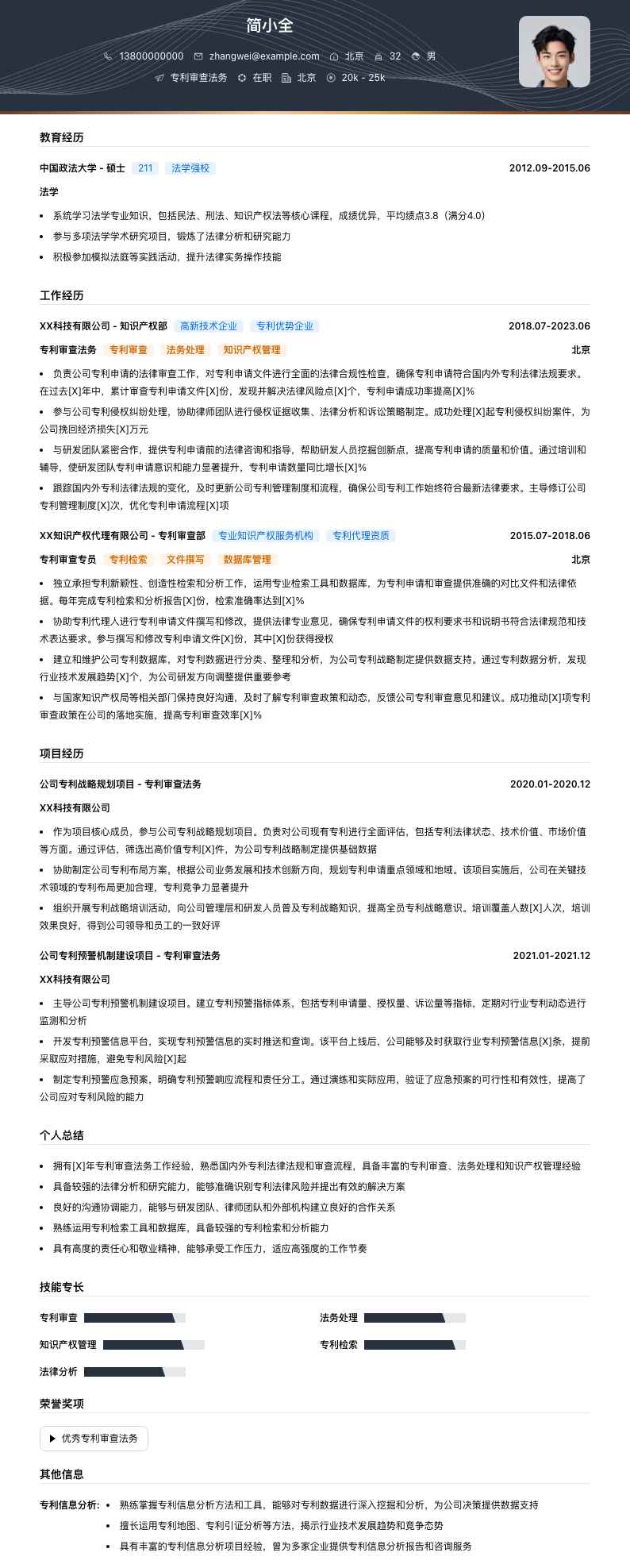 专利审查法务简历模板