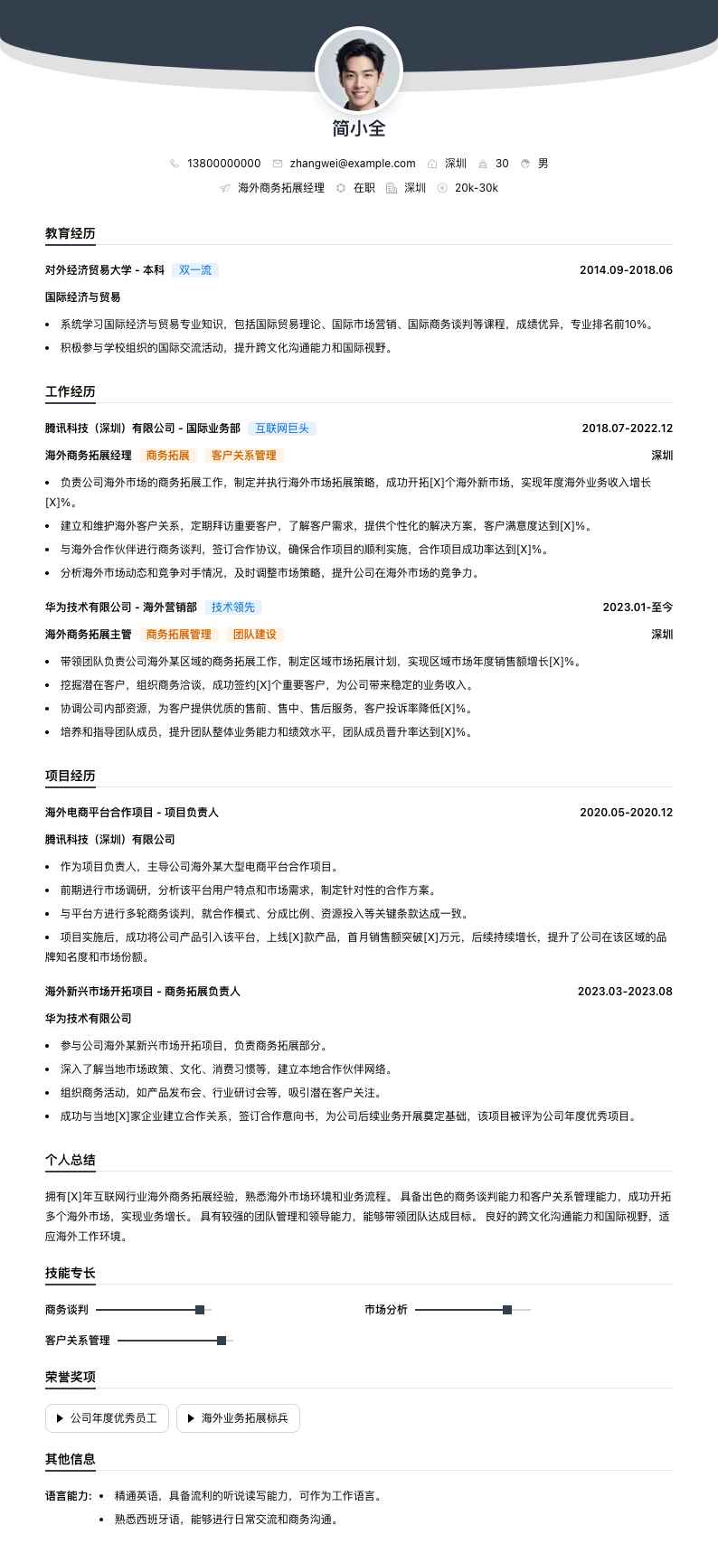 海外商务拓展经理简历模板