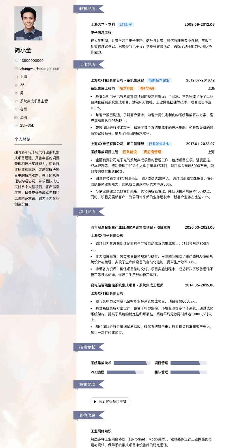 系统集成项目主管简历模板