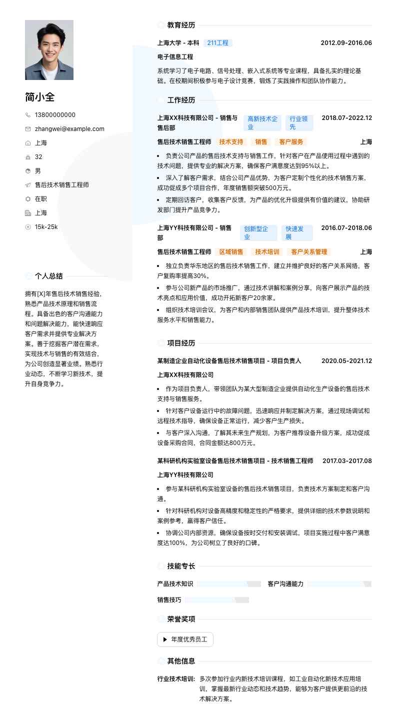售后技术销售工程师简历模板