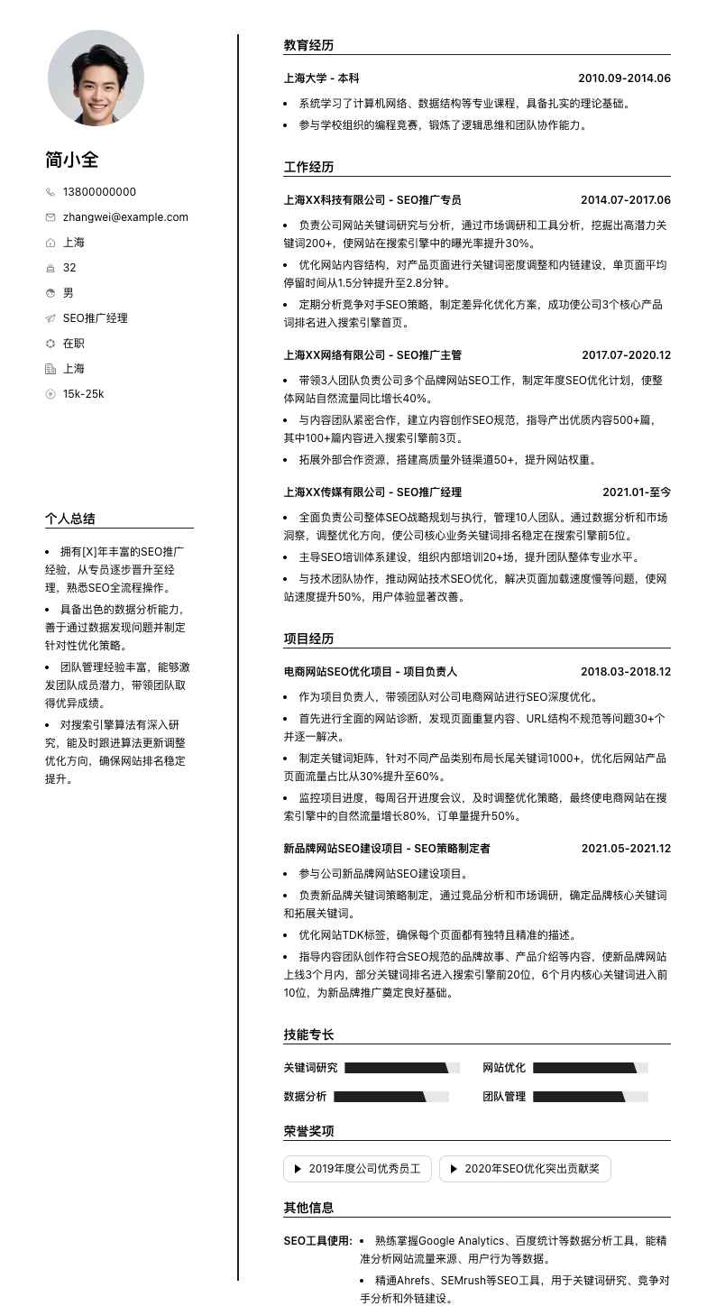 SEO推广经理简历模板