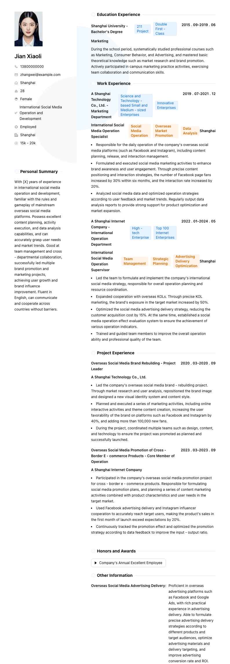 国际社交媒体运营简历模板