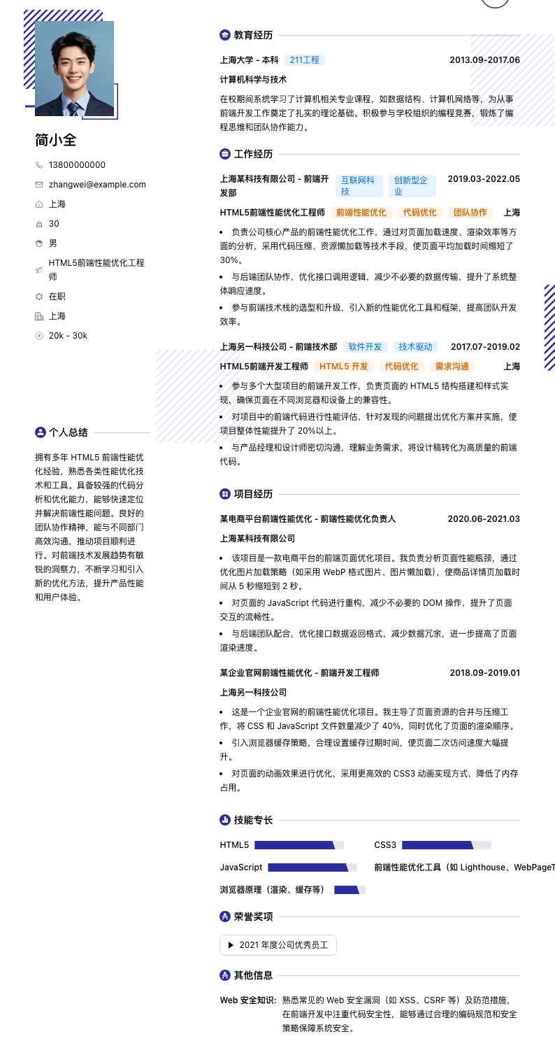 HTML5前端性能优化工程师简历模板