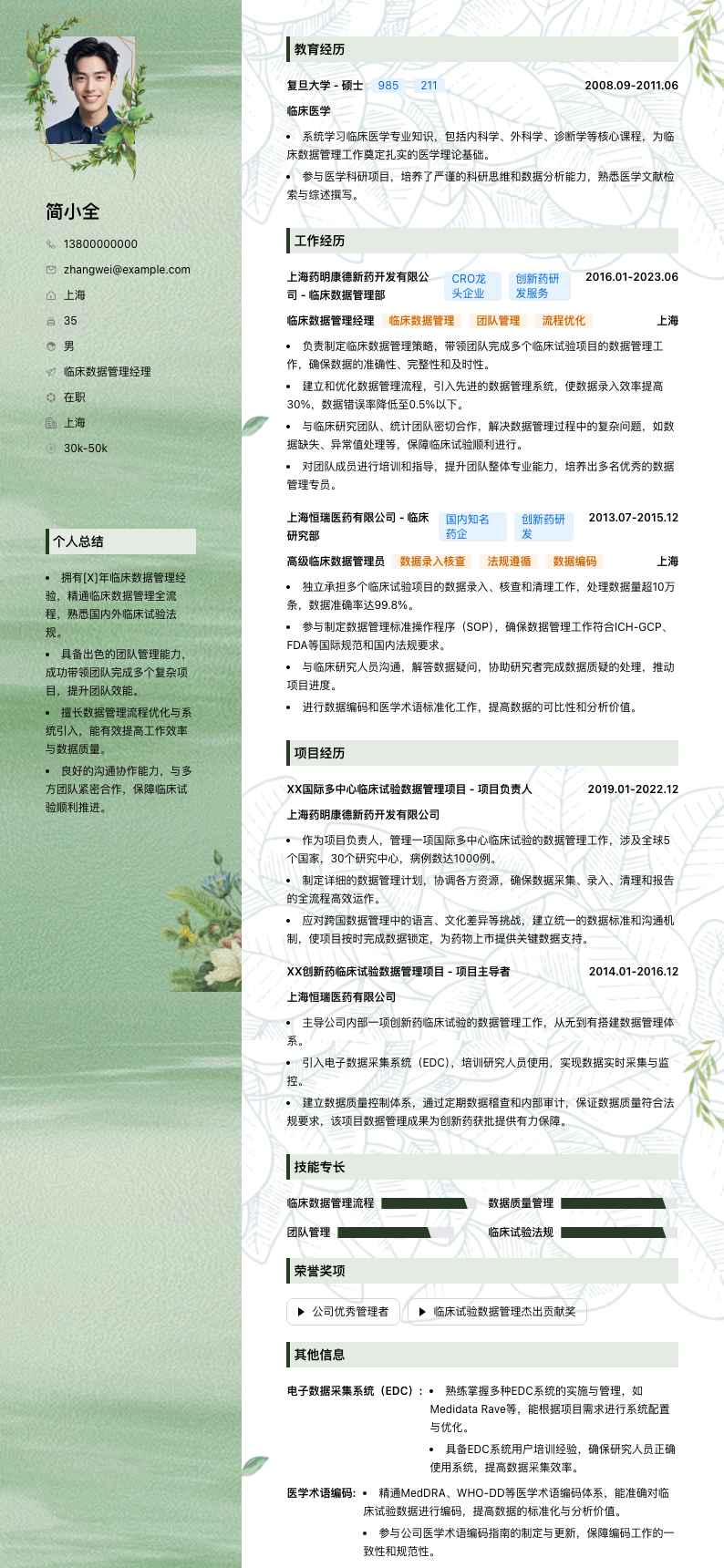 临床数据管理经理简历模板