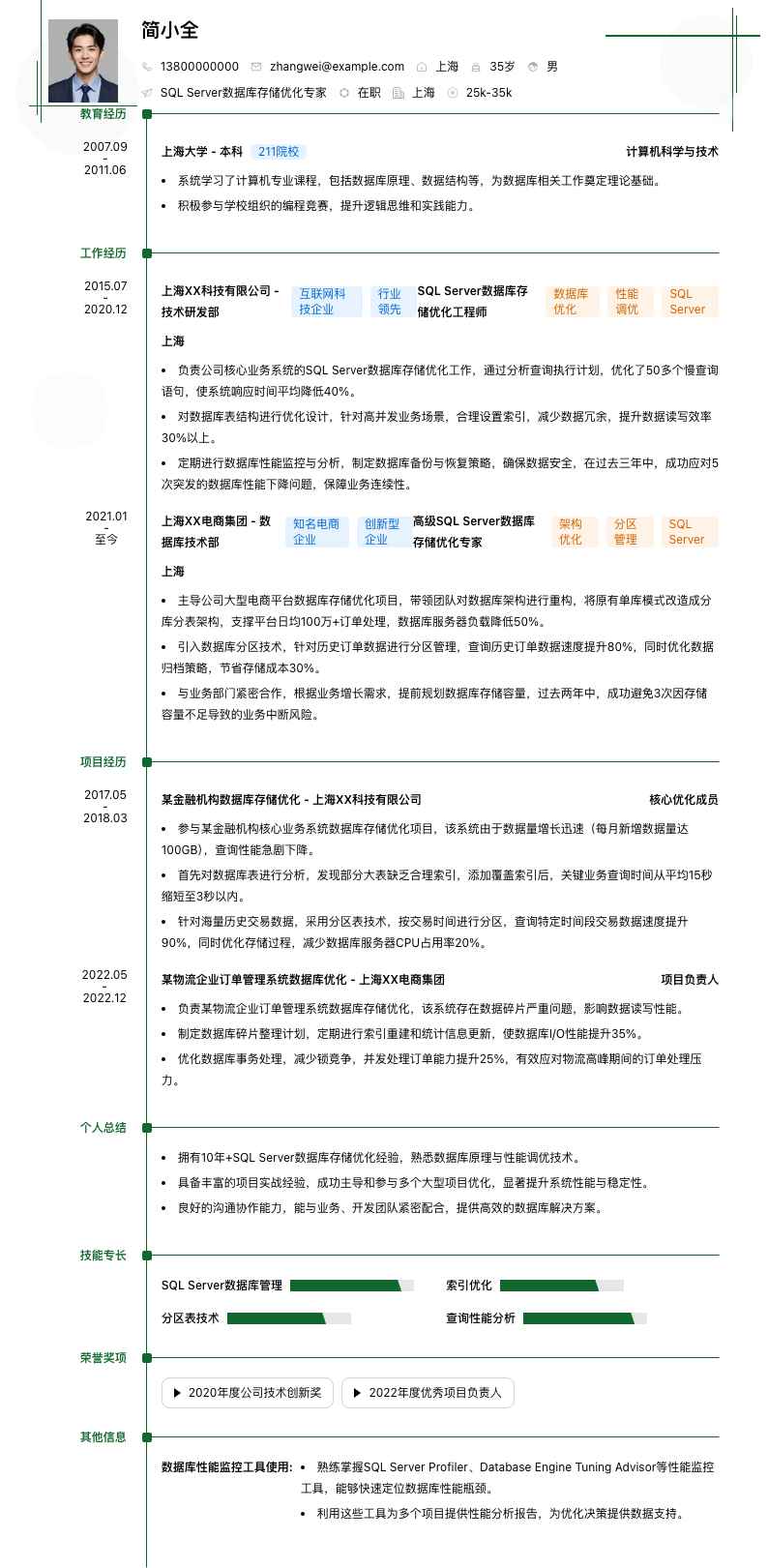 SQL Server数据库存储优化专家简历模板