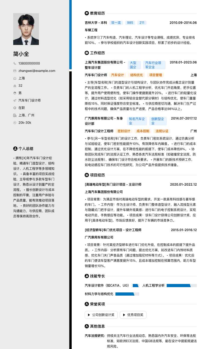 汽车车门设计师简历模板