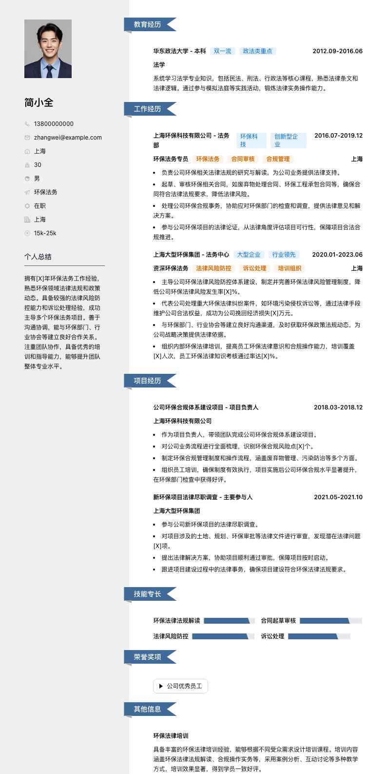 环保法务简历模板