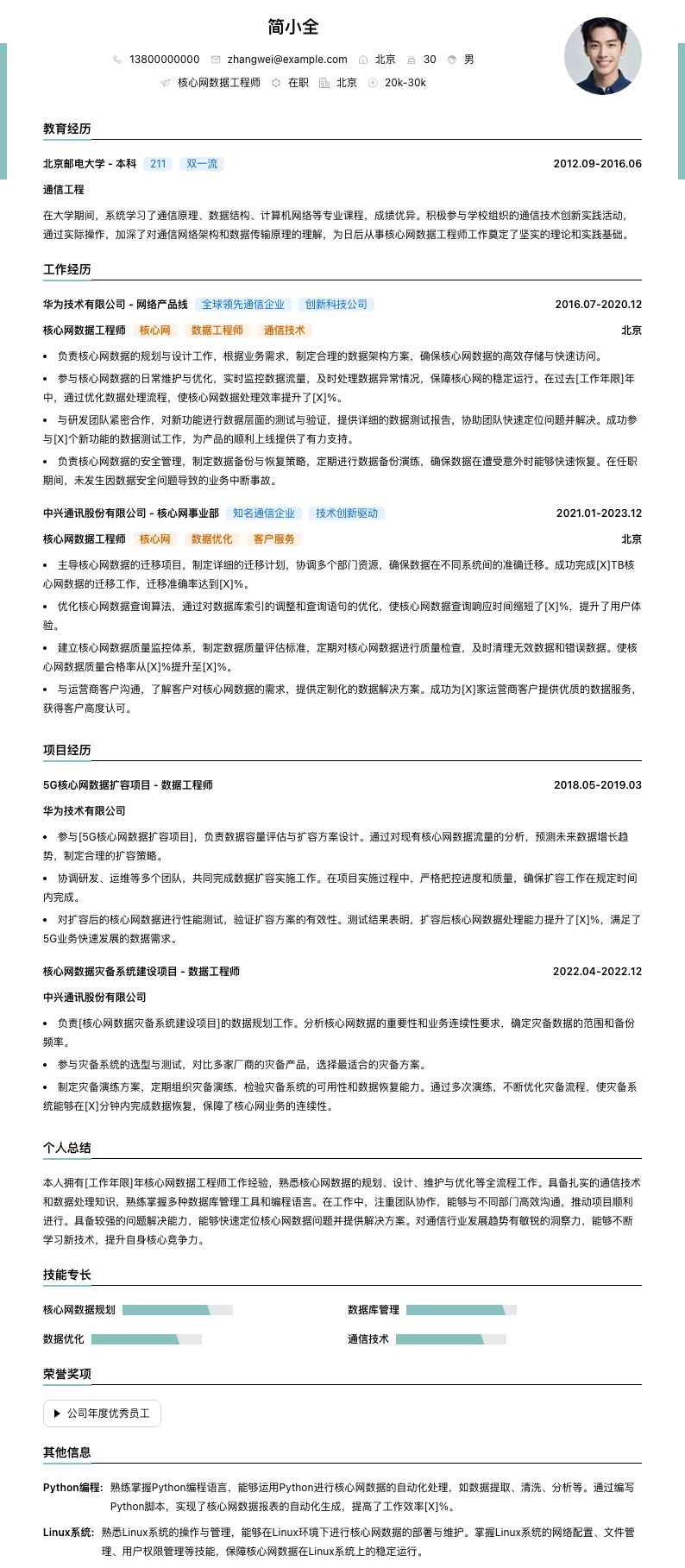 核心网数据工程师简历模板