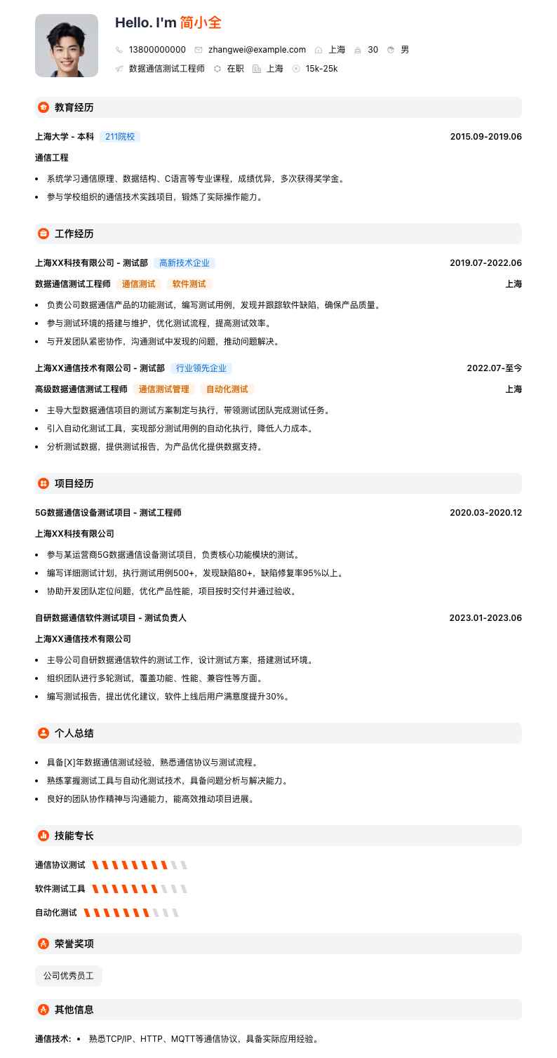 数据通信测试工程师简历模板