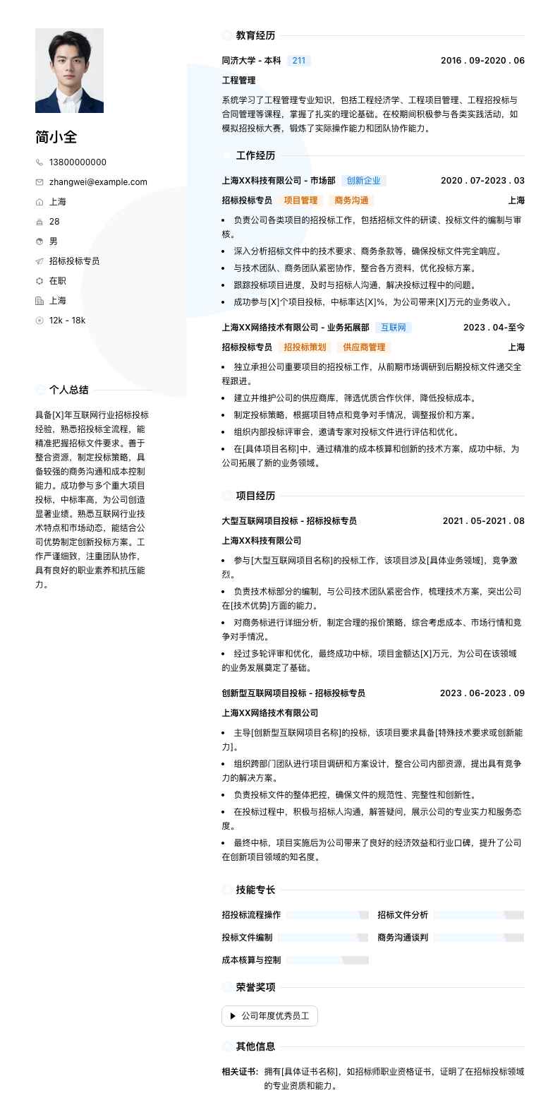 招标投标专员简历模板