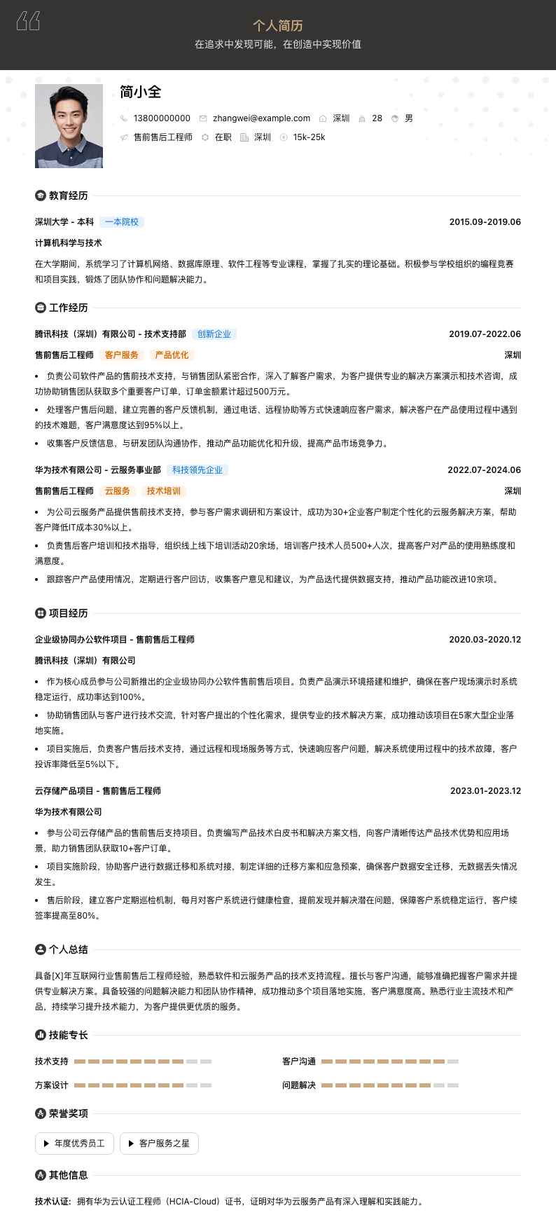 售前售后工程师简历模板