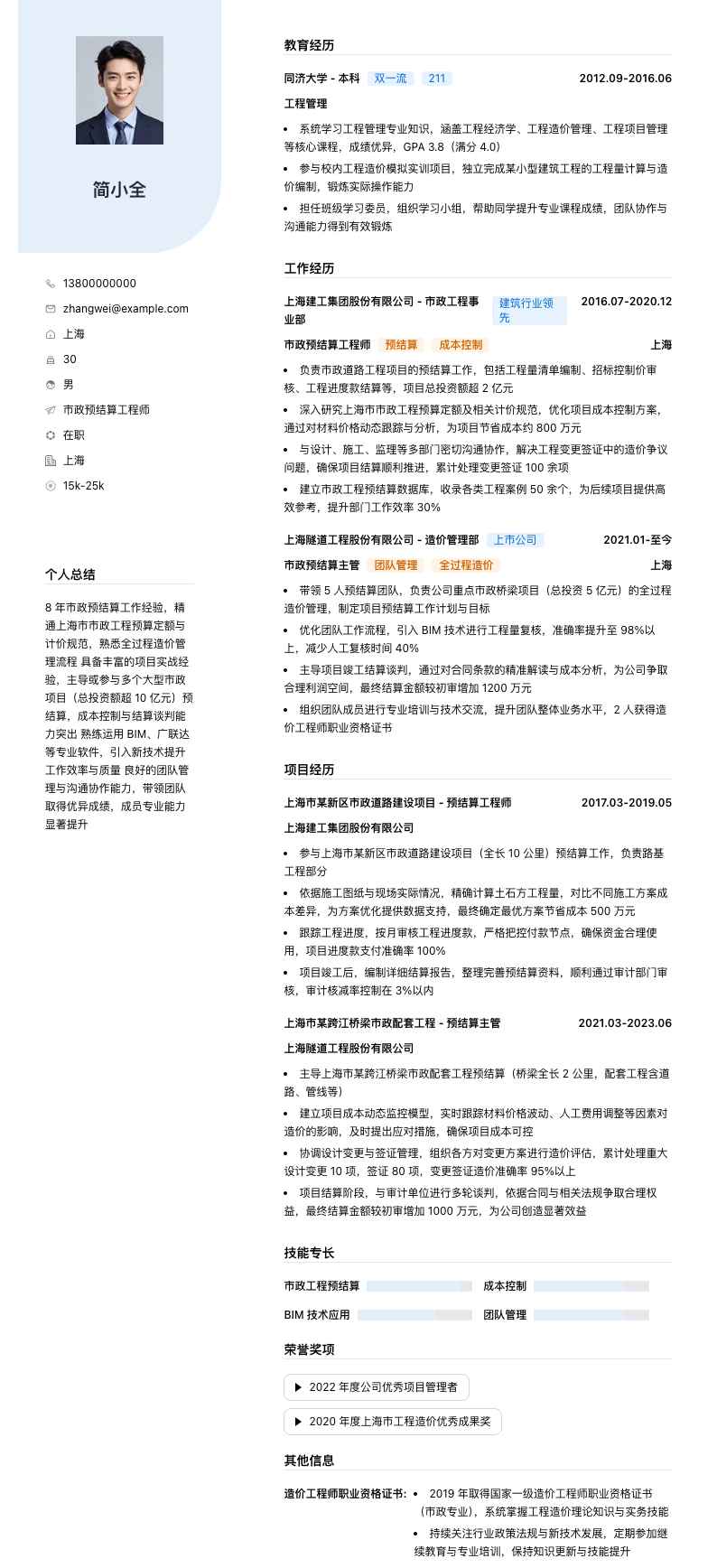 市政预结算工程师简历模板